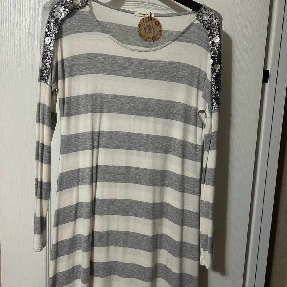 12 Pm By Mon Ami Gray and White Striped Long Sleeve Top with Sequin Shoulders